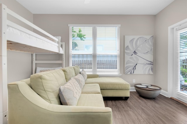 living area featuring wood finished floors and baseboards