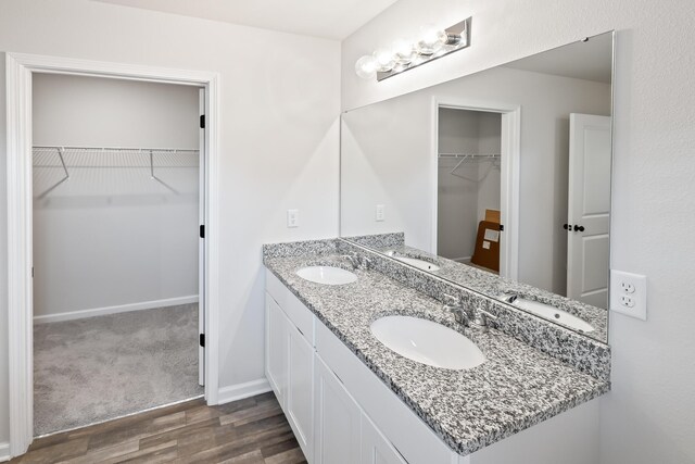 bathroom with hardwood / wood-style flooring and double vanity