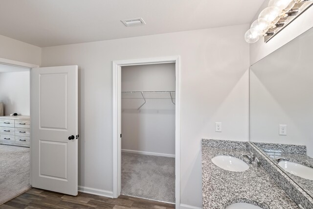 bathroom with dual vanity and hardwood / wood-style floors