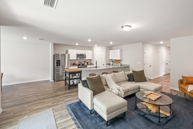 living room featuring sink and light hardwood / wood-style flooring