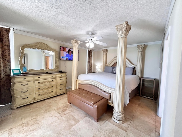 bedroom featuring a textured ceiling, ceiling fan, and ornamental molding