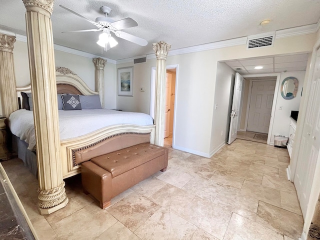 bedroom featuring ceiling fan, a closet, a textured ceiling, and ornamental molding