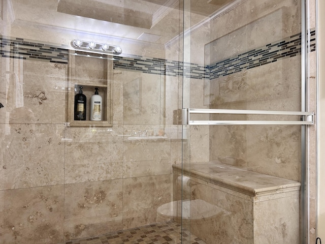 bathroom featuring a shower with shower door