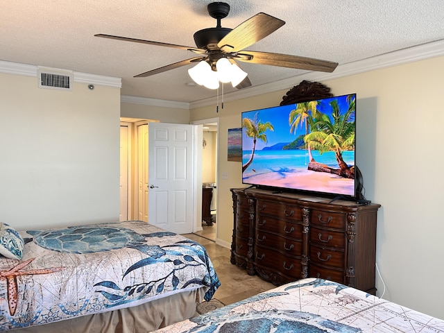 bedroom featuring ceiling fan, crown molding, and a textured ceiling