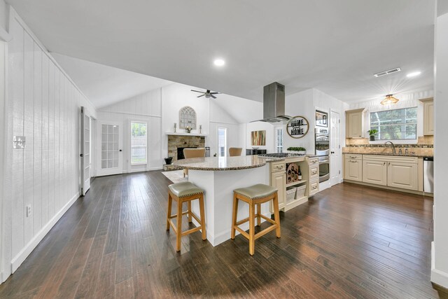 kitchen with ceiling fan, a wealth of natural light, ventilation hood, and dark wood-type flooring