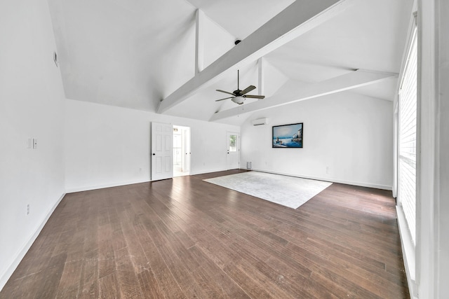 unfurnished living room featuring baseboards, ceiling fan, dark wood-type flooring, beamed ceiling, and high vaulted ceiling