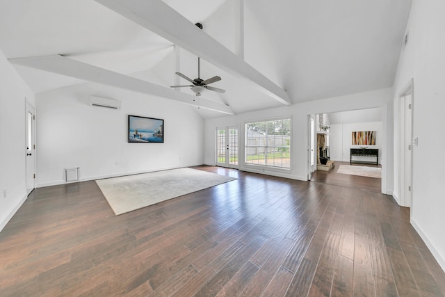 unfurnished living room featuring high vaulted ceiling, dark wood finished floors, and beam ceiling