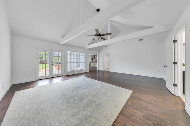 unfurnished living room with visible vents, ceiling fan, dark wood-type flooring, french doors, and beam ceiling