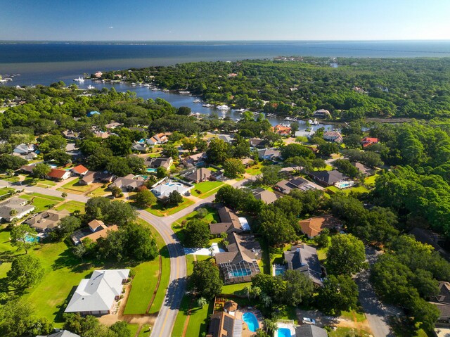 drone / aerial view with a water view