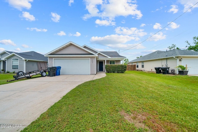 ranch-style home with a garage and a front yard