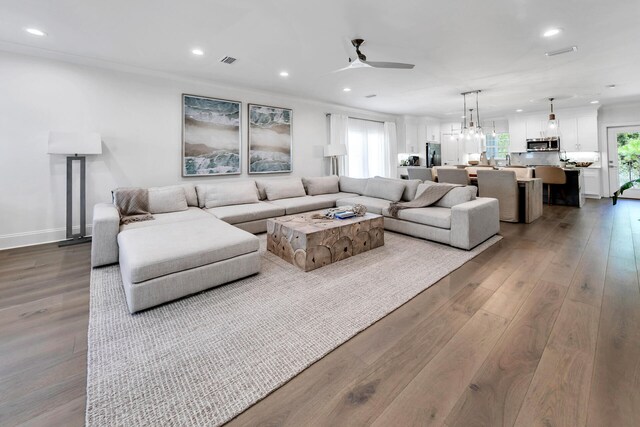 living room featuring ceiling fan and hardwood / wood-style flooring