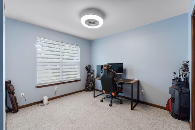 office with baseboards and light colored carpet