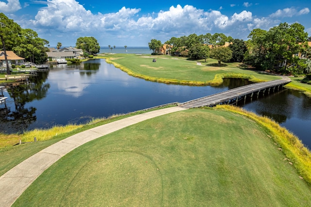 bird's eye view with a water view