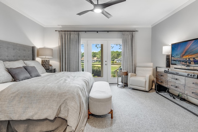 carpeted bedroom featuring ceiling fan, access to exterior, and ornamental molding