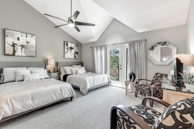 bedroom featuring carpet, access to exterior, high vaulted ceiling, and ceiling fan