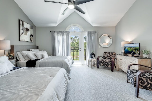 carpeted bedroom with ceiling fan, access to outside, and vaulted ceiling