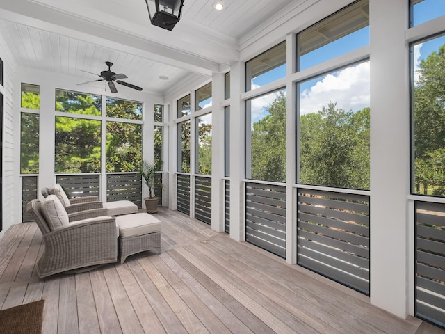 sunroom featuring ceiling fan and beam ceiling