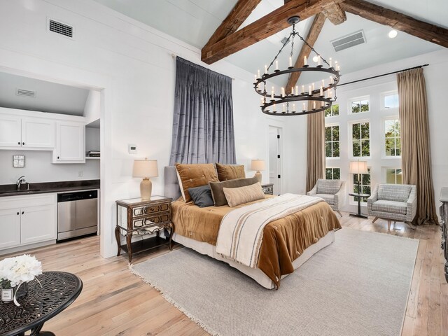 bedroom with light wood-type flooring, beam ceiling, sink, and a notable chandelier