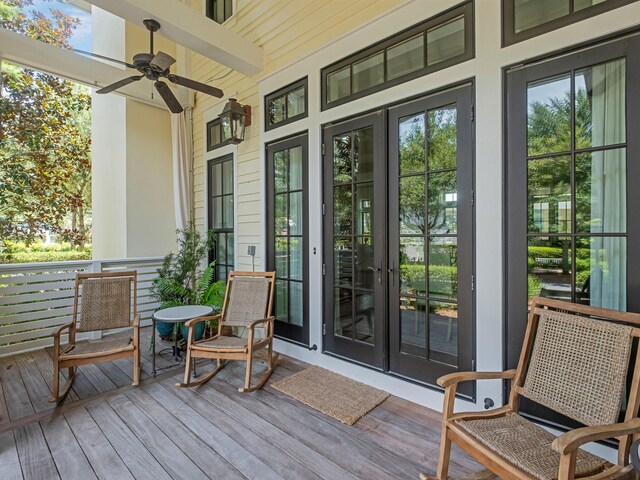 exterior space featuring ceiling fan and french doors