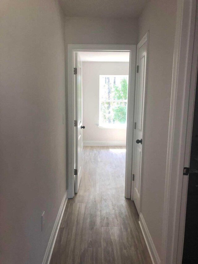 hallway with hardwood / wood-style floors