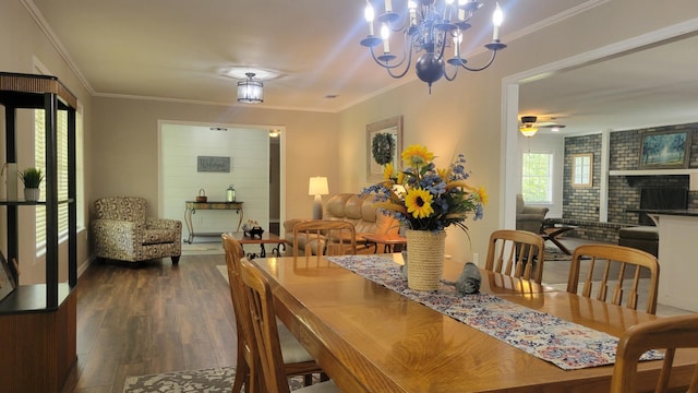 dining room featuring ceiling fan with notable chandelier, dark wood-type flooring, ornamental molding, and a brick fireplace