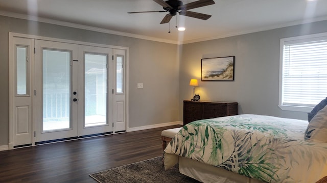 bedroom with french doors, access to exterior, dark wood-type flooring, ornamental molding, and ceiling fan