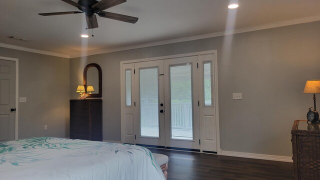 bedroom with dark hardwood / wood-style flooring, french doors, crown molding, access to exterior, and ceiling fan