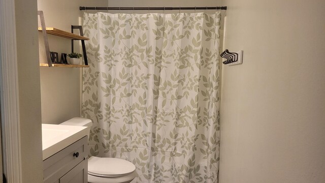 bathroom featuring vanity, toilet, and curtained shower