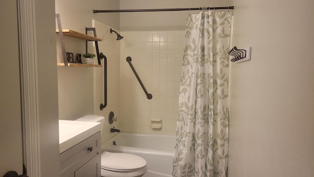 full bathroom with vanity, toilet, and shower / bathtub combination with curtain