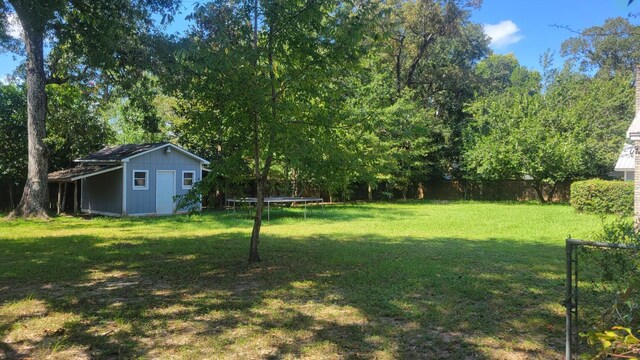 view of yard with a storage shed and a trampoline