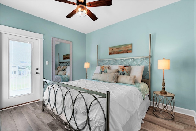 bedroom featuring ceiling fan and light wood-type flooring