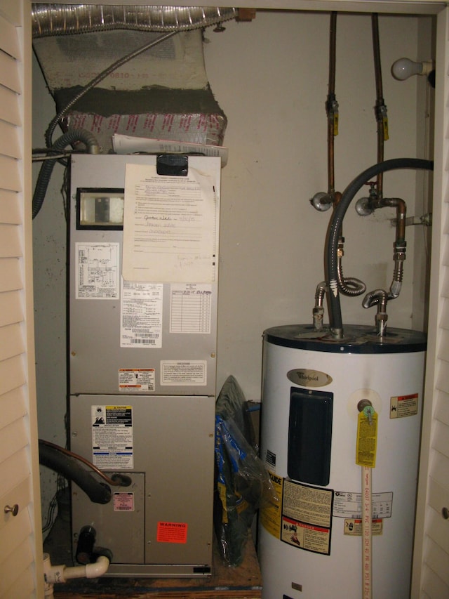 utility room featuring heating unit and water heater