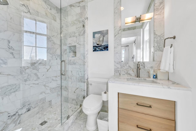 full bath featuring vanity, plenty of natural light, a marble finish shower, and toilet