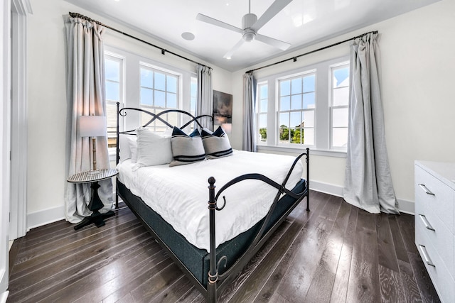 bedroom with dark wood-style floors, multiple windows, and baseboards