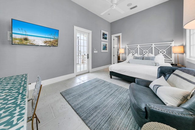 bedroom with access to exterior, ceiling fan, visible vents, and baseboards