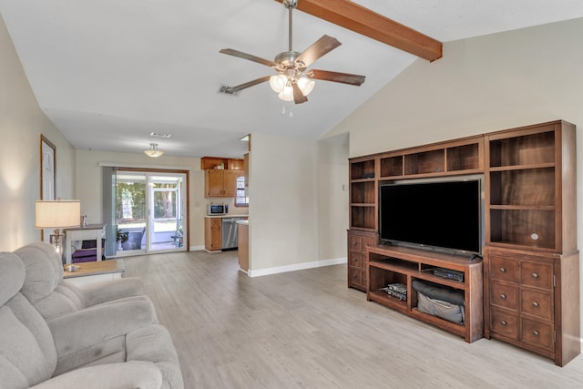 living room with lofted ceiling with beams, light hardwood / wood-style floors, and ceiling fan