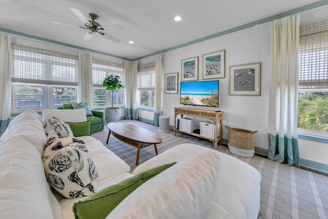 living room featuring ceiling fan