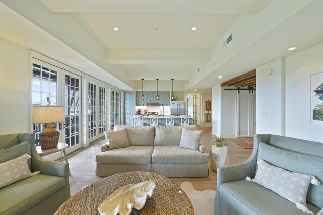 living room with a barn door