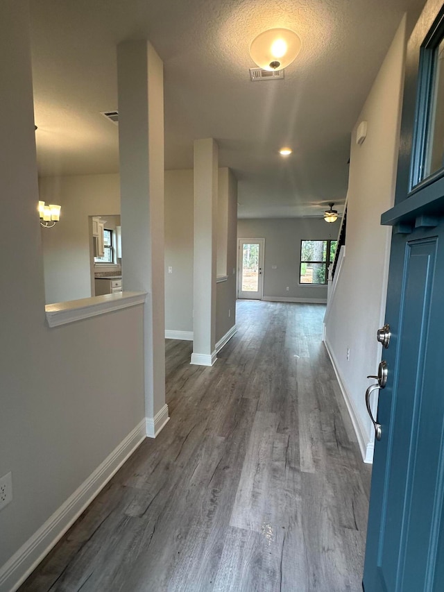 foyer with ceiling fan, a textured ceiling, and wood-type flooring