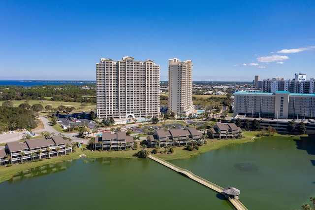 aerial view featuring a view of city and a water view