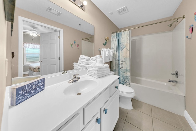 bathroom featuring toilet, shower / bath combination with curtain, tile patterned flooring, and visible vents