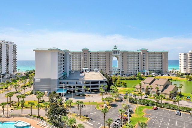 birds eye view of property featuring a water view