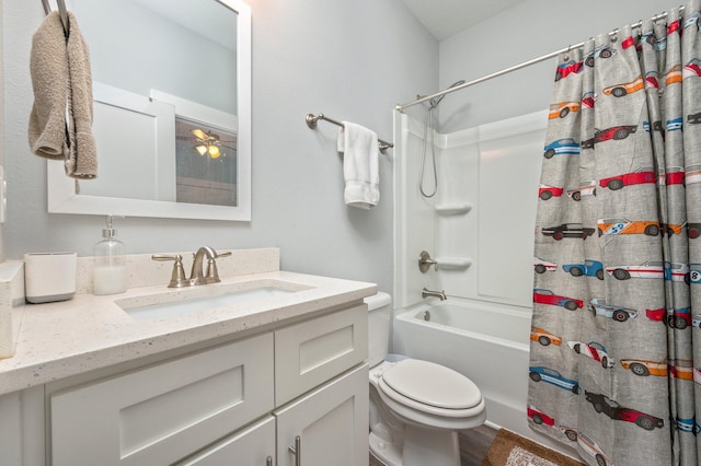 full bathroom featuring vanity, toilet, wood-type flooring, and shower / bath combo