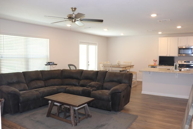 living room with ceiling fan, dark wood-type flooring, and sink