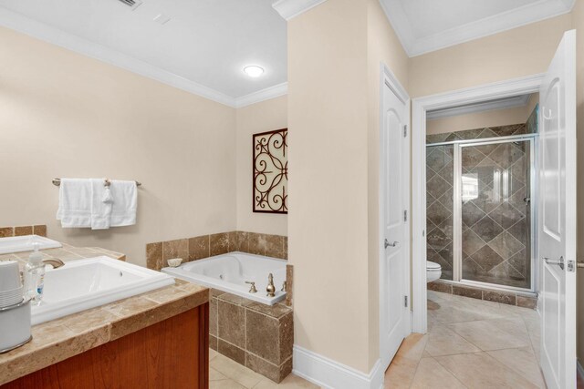 full bathroom featuring crown molding, shower with separate bathtub, toilet, and tile patterned flooring