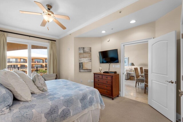 carpeted bedroom featuring ceiling fan, crown molding, and access to exterior