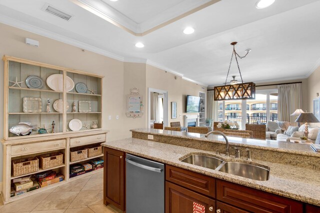 kitchen featuring light tile patterned flooring, sink, light stone counters, stainless steel dishwasher, and crown molding