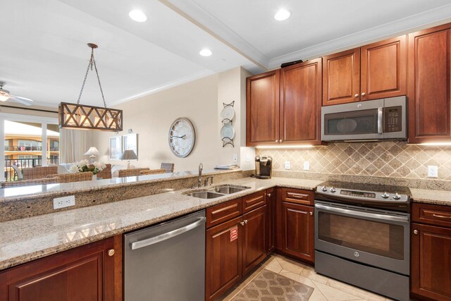 kitchen with stainless steel appliances, sink, light stone counters, light tile patterned floors, and ceiling fan