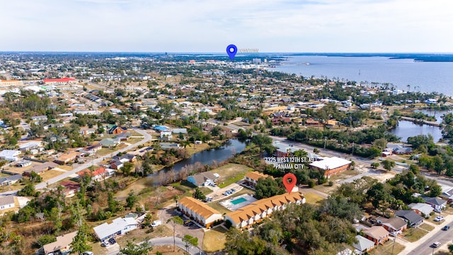 aerial view featuring a water view