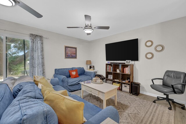 living room featuring ceiling fan and light wood-type flooring